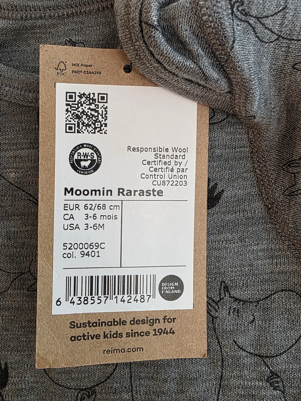 Moomin Reima Wool One Piece 3-6 Mos Sustainable Bodysuit Soft Baby Boy Animals - Picture 3 of 8